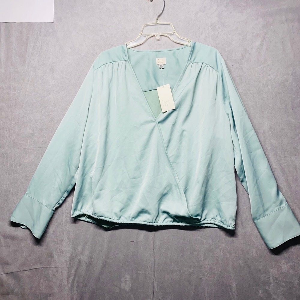 A New Day Women's Seafoam Green Satin V Neck Faux Wrap Blouse XXL